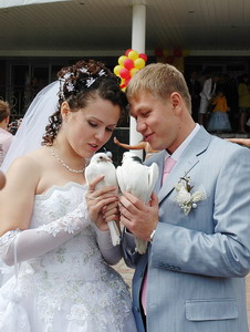 Татьяна и Алексей Александровы, как и большинство молодоженов, выпускали в небо голубей. На счастье.  Фото Валерия Бакланова.