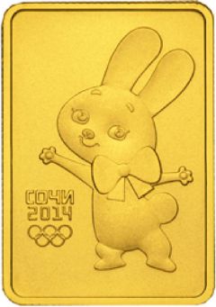 Инвестиционная олимпийская монета с изображением на одной стороне Зайки, символа Олимпийских игр.Деньги Олимпиады